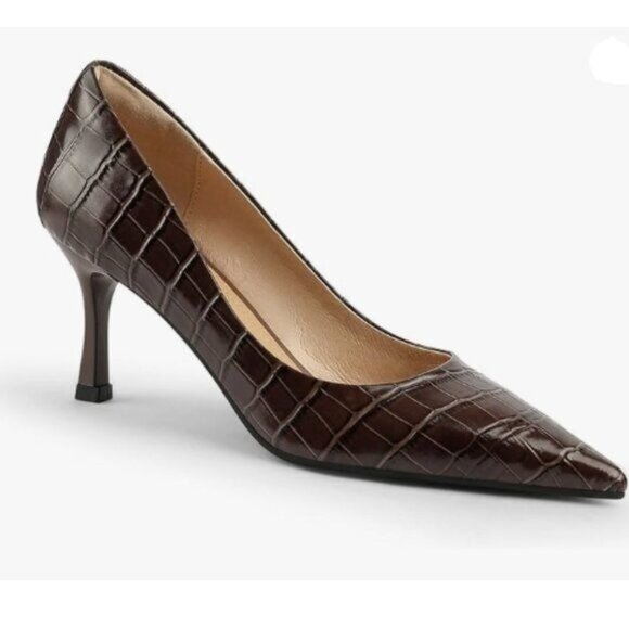 FOWT Simple Solid Croc-Embossed Pointed Toe Black Pumps for Women Brown Shoes - Picture 1 of 8